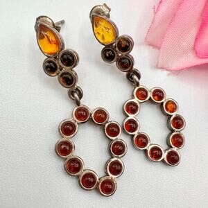 Vintage 3 Color Amber Cabochon Silver Drop Earrings Acid and UV Tested Bohemian